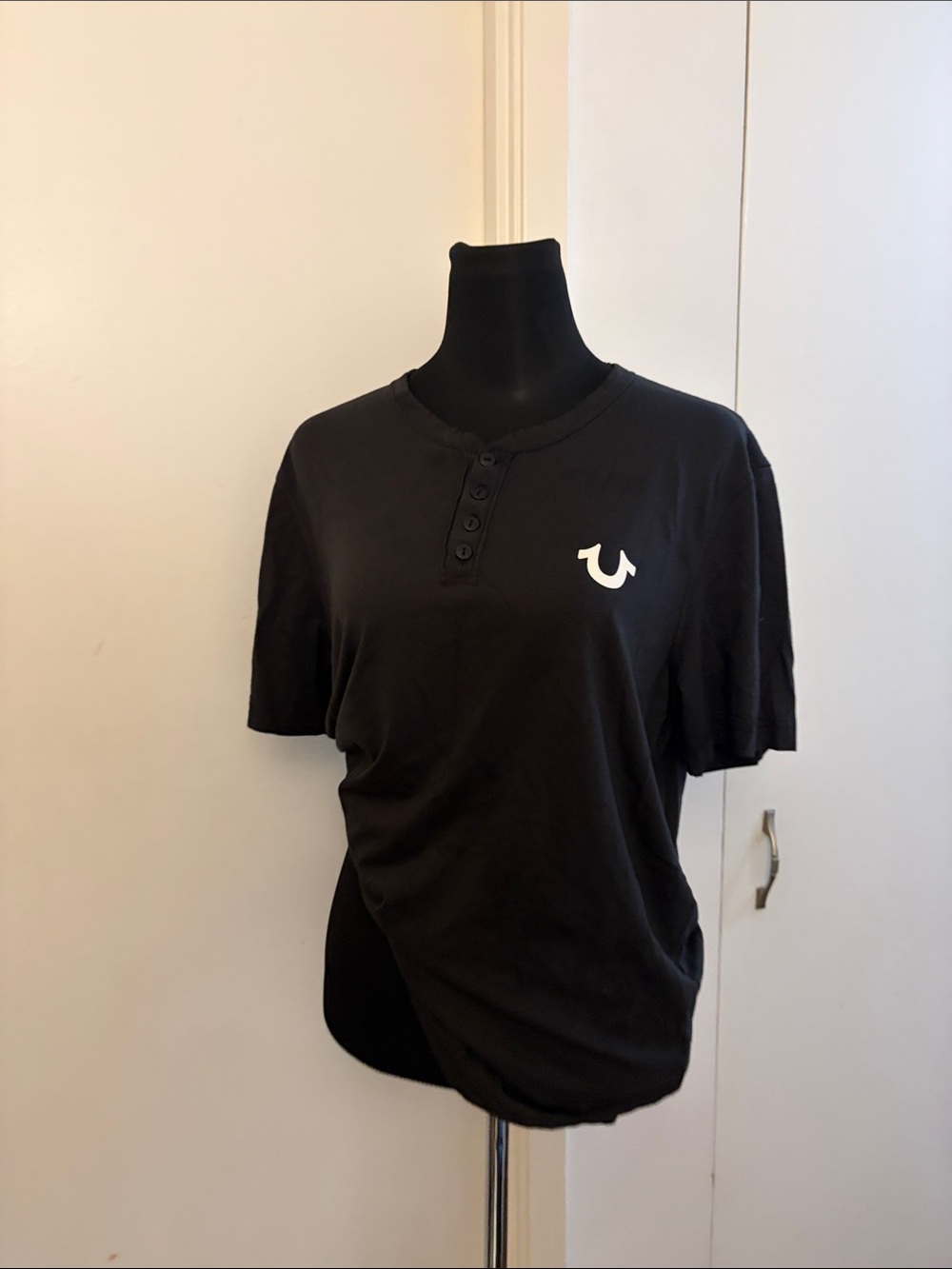 True Religion Black Short Sleeve Henley with White Horseshoe Logo